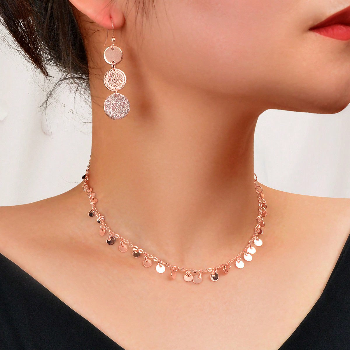 Radiant Rose Gold Multi-Disc Pendant Necklace & Earrings Set - Elegant Ensemble-0