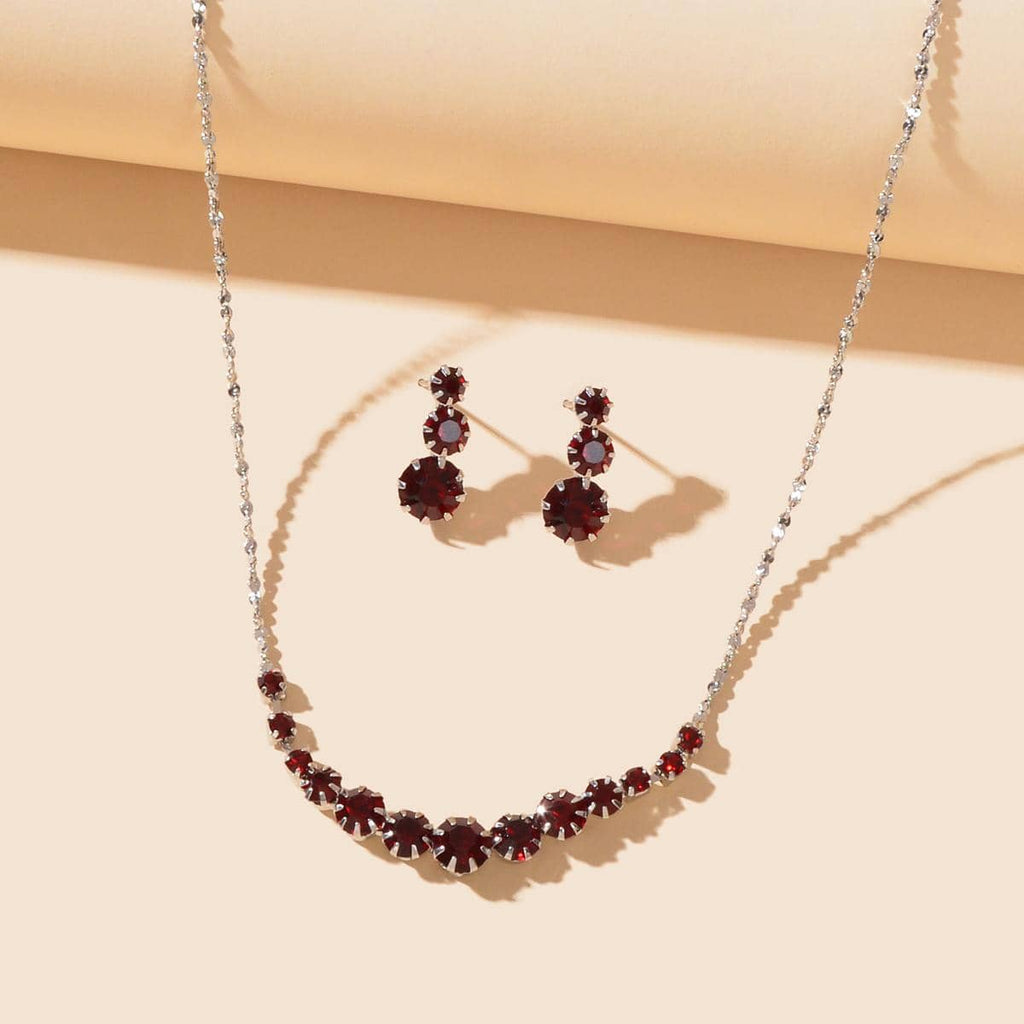 Burgundy Rhinestone Necklace and Winered Earrings Jewelry Set-0