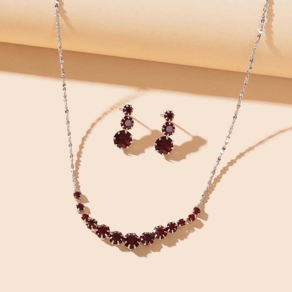 Burgundy Rhinestone Necklace and Winered Earrings Jewelry Set-0
