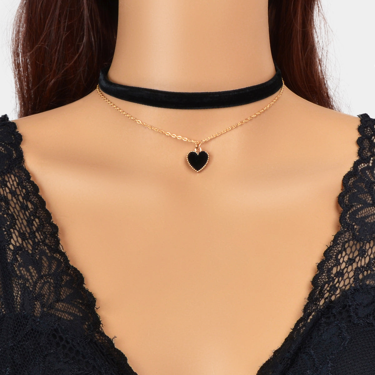 Retro Red Black Velvet Short Choker Gold Chain Double layer Heart Charm Necklace-0
