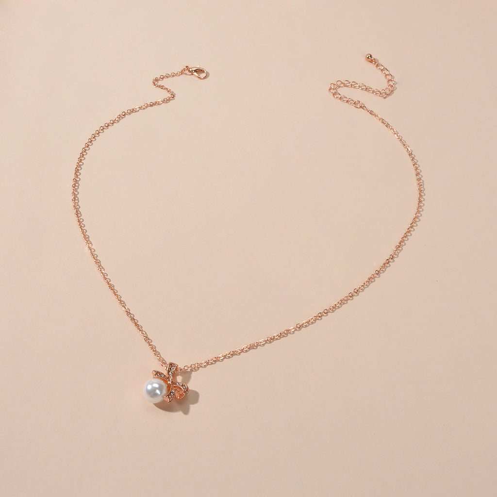 Anniversary Wedding Jewellery Rhinestone Rosegold Chain Pearl Bowknot Necklace-0