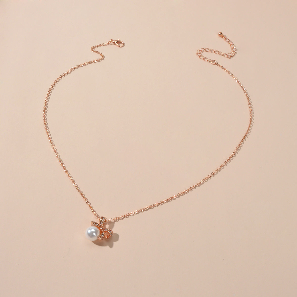 Anniversary Wedding Jewellery Rhinestone Rosegold Chain Pearl Bowknot Necklace-0
