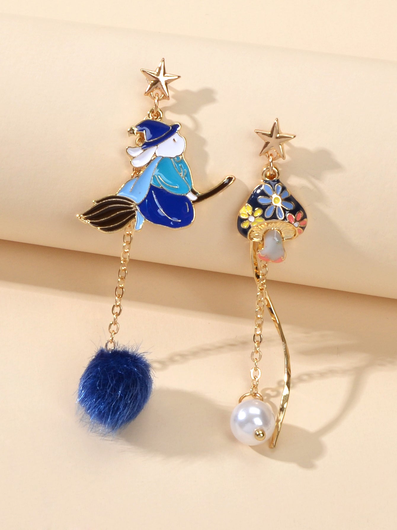 Cartoon Gold Star Colorful Rabbit Mushroom Asymmetric Pearl Blue Ball Earrings-0