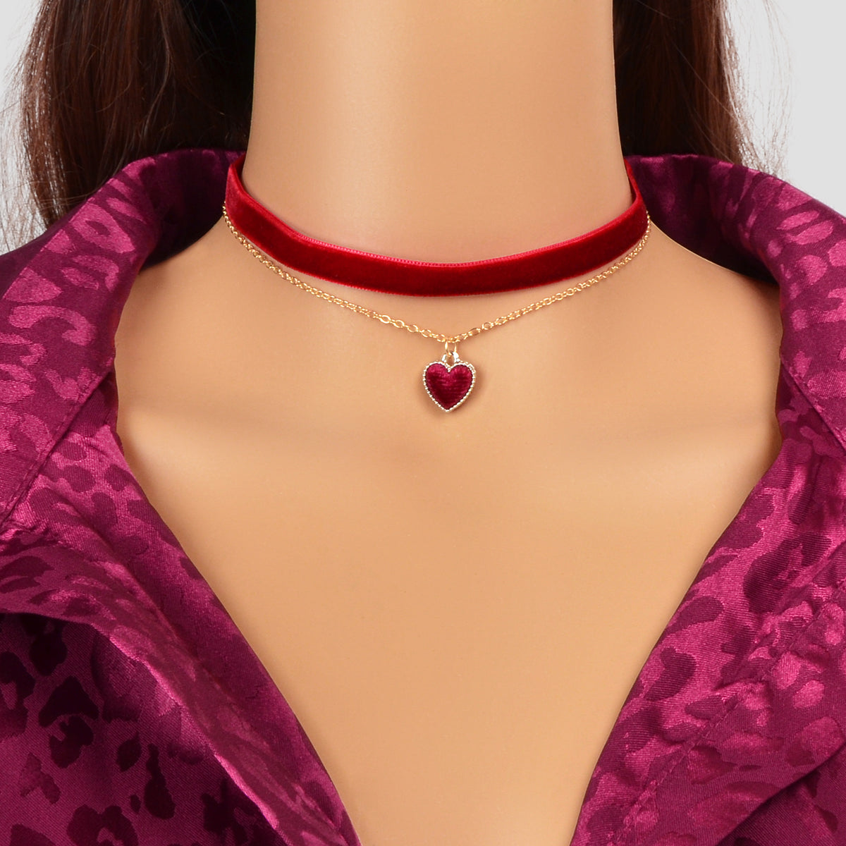 Retro Red Black Velvet Short Choker Gold Chain Double layer Heart Charm Necklace-4