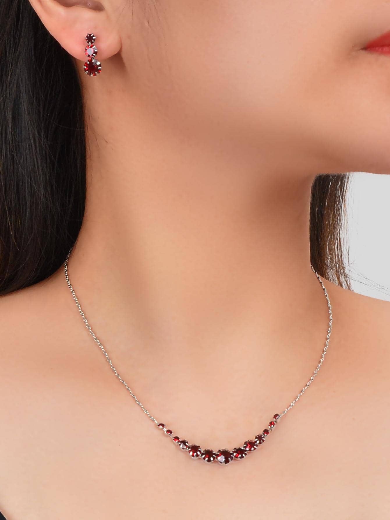 Burgundy Rhinestone Necklace and Winered Earrings Jewelry Set-1