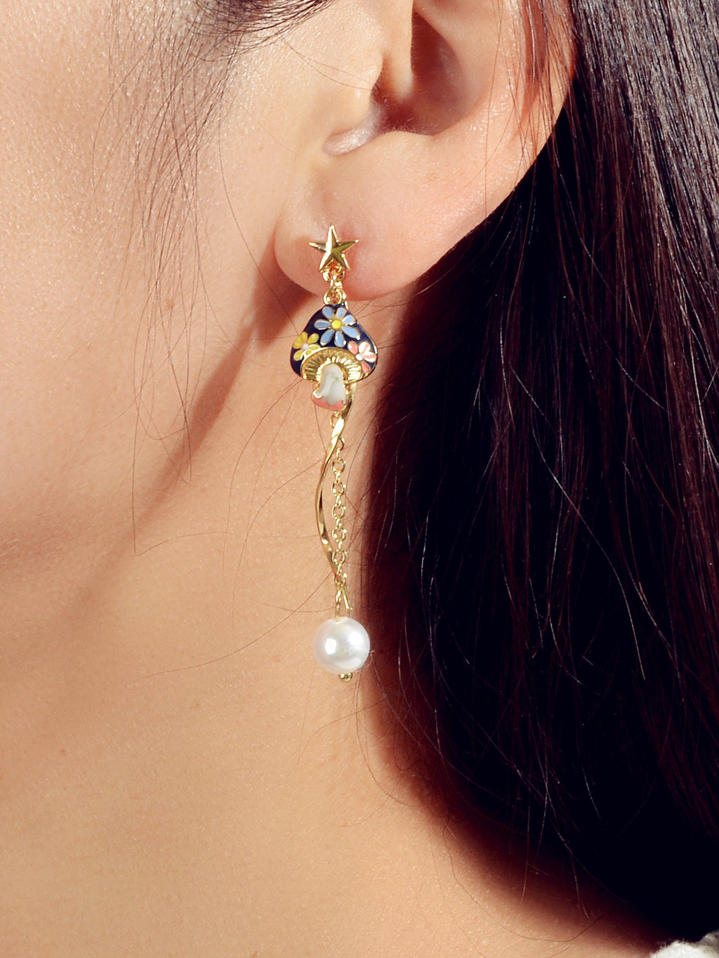 Cartoon Gold Star Colorful Rabbit Mushroom Asymmetric Pearl Blue Ball Earrings-1