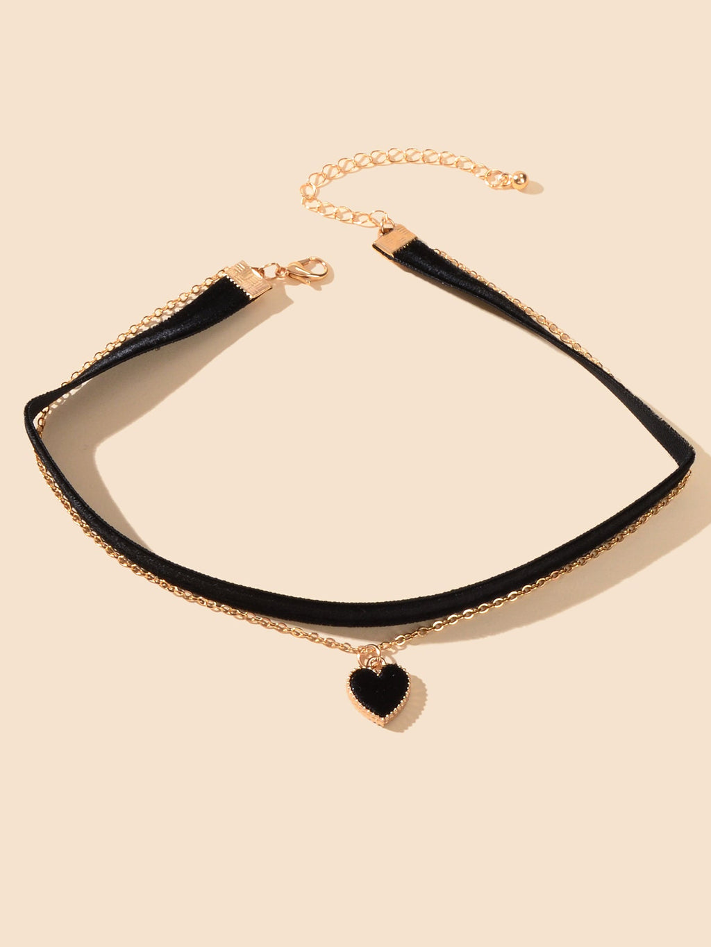 Retro Red Black Velvet Short Choker Gold Chain Double layer Heart Charm Necklace-1