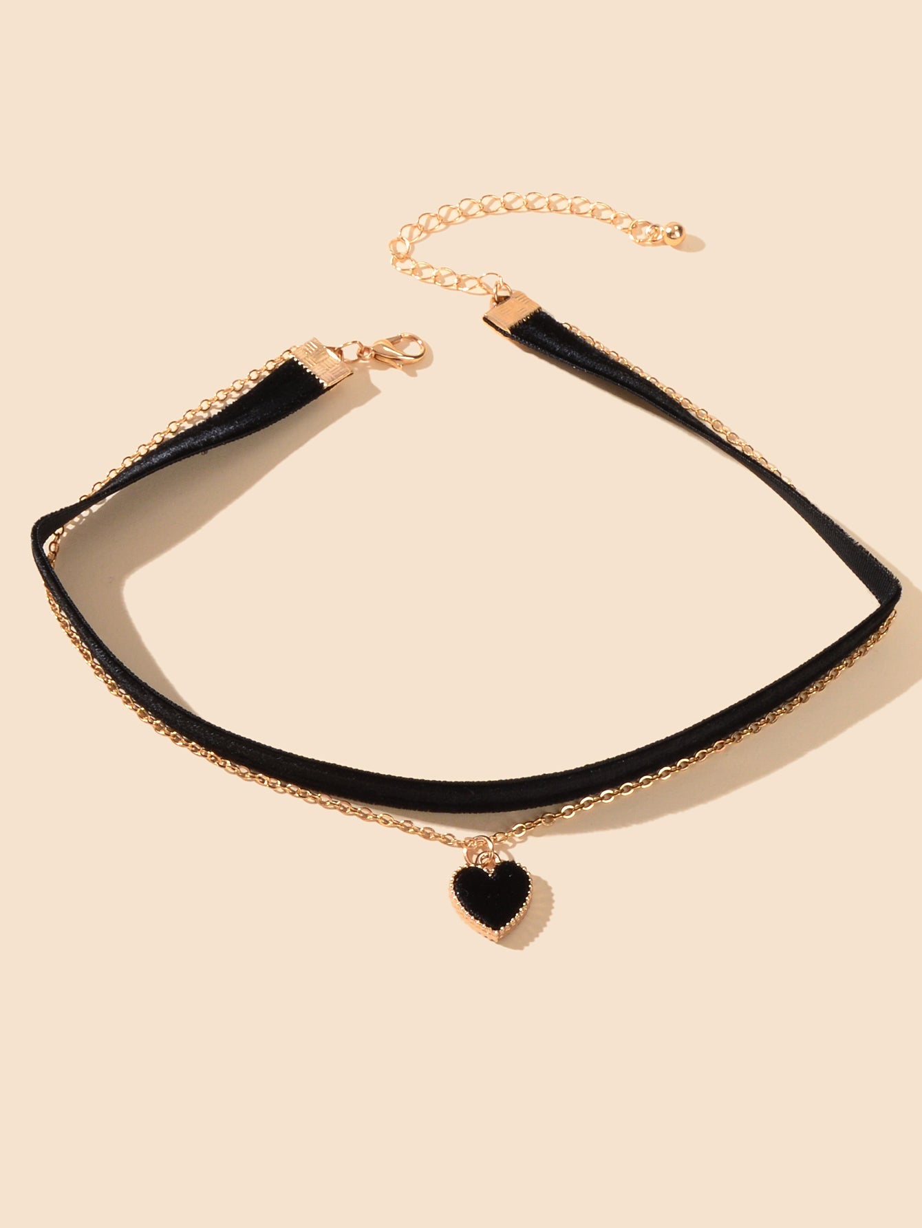 Retro Red Black Velvet Short Choker Gold Chain Double layer Heart Charm Necklace-1