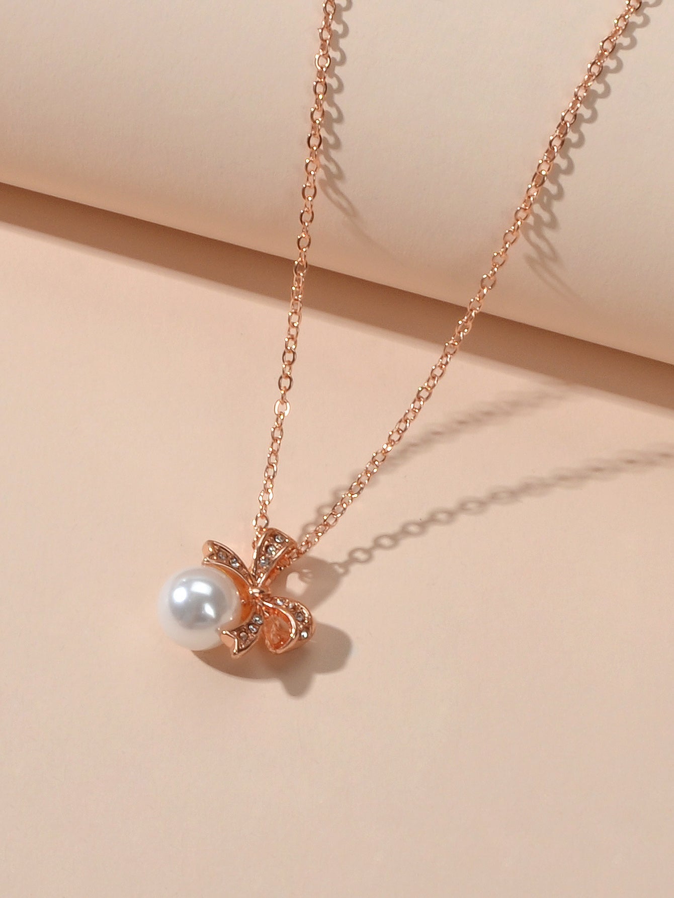 Anniversary Wedding Jewellery Rhinestone Rosegold Chain Pearl Bowknot Necklace-2