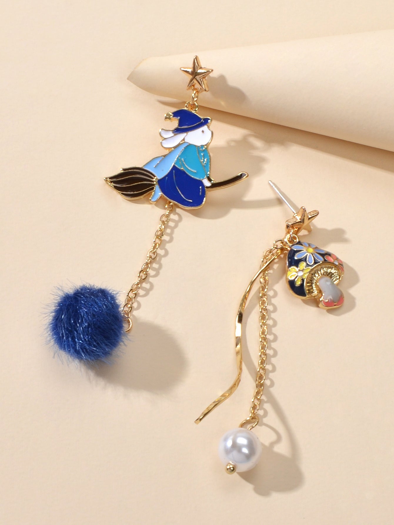 Cartoon Gold Star Colorful Rabbit Mushroom Asymmetric Pearl Blue Ball Earrings-2