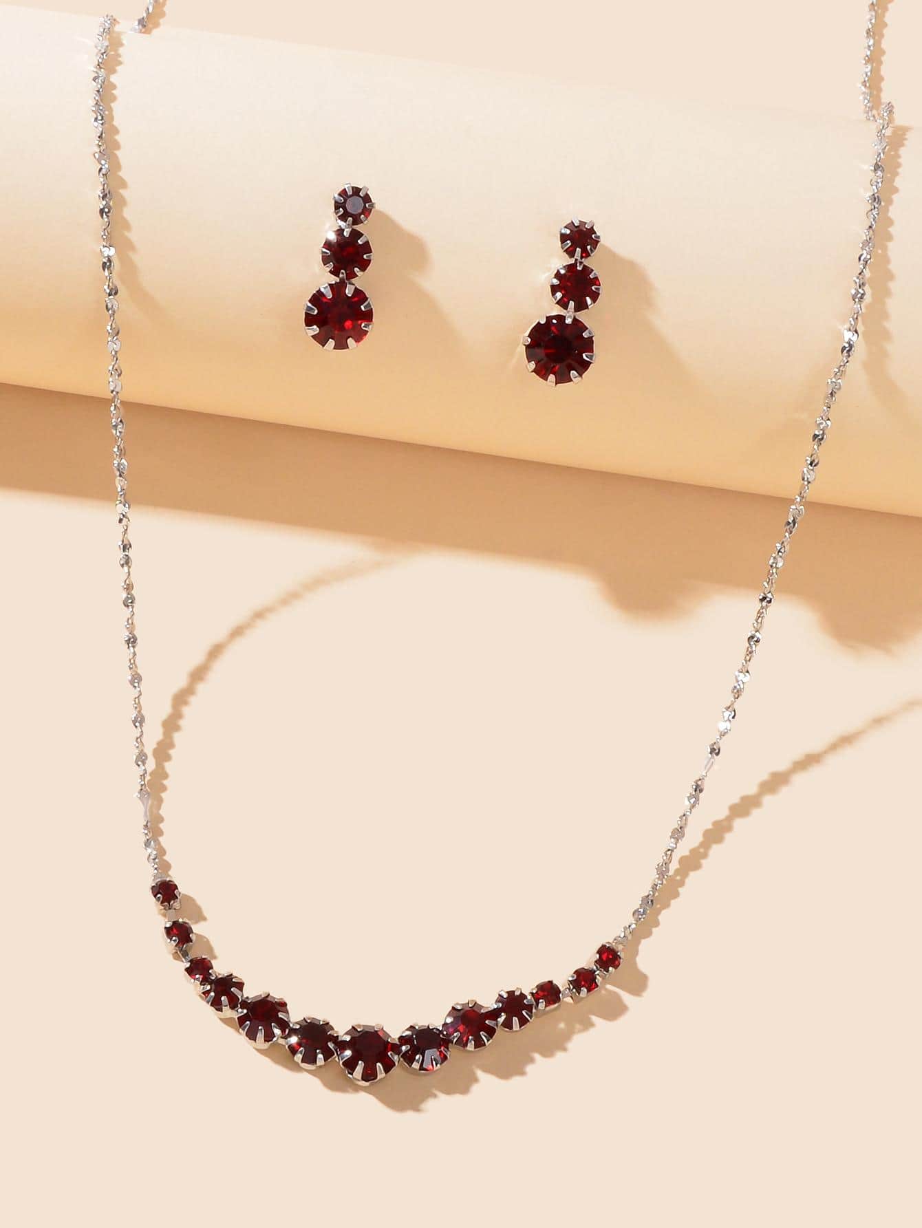 Burgundy Rhinestone Necklace and Winered Earrings Jewelry Set-3