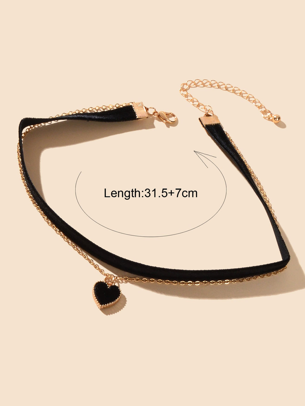 Retro Red Black Velvet Short Choker Gold Chain Double layer Heart Charm Necklace-3