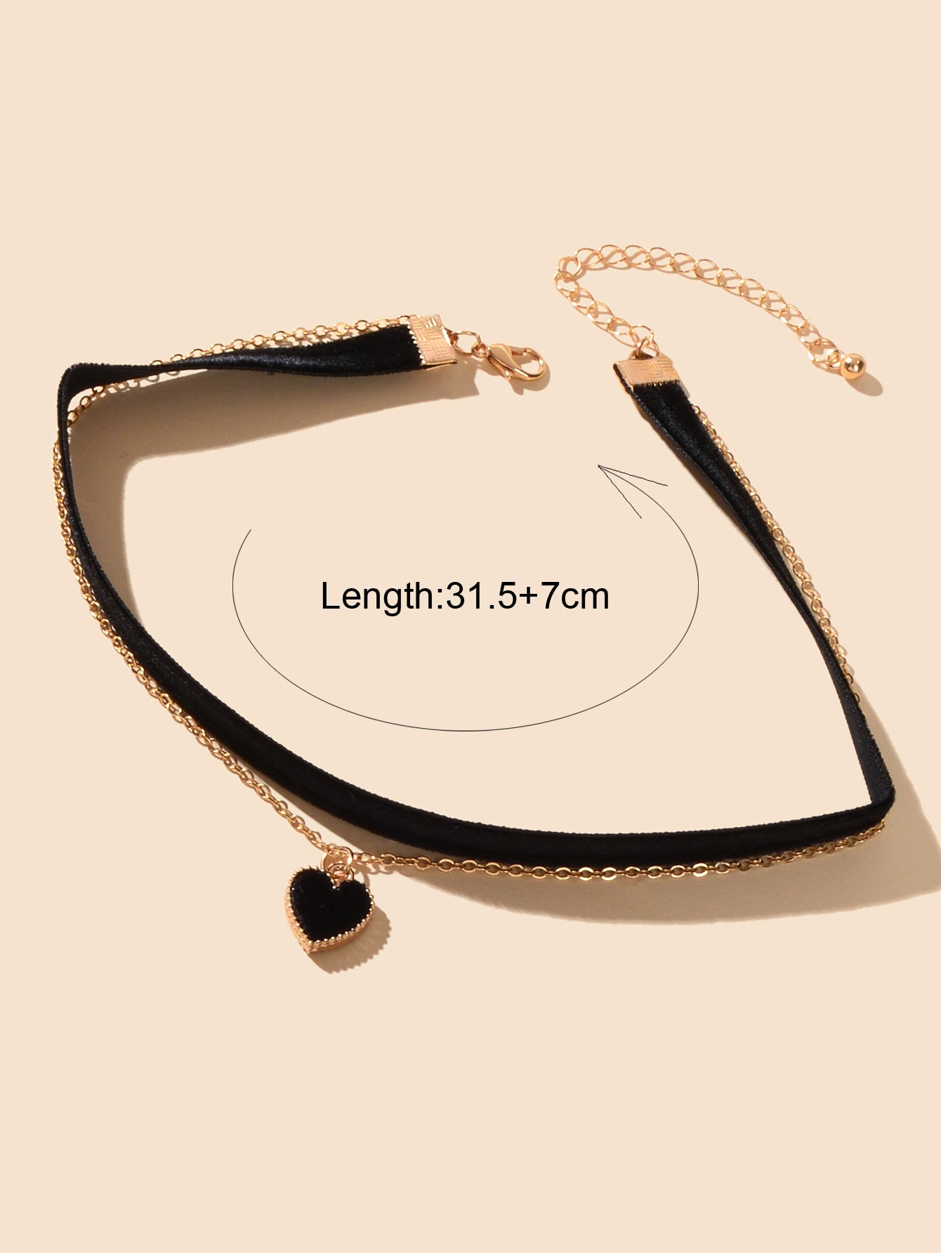 Retro Red Black Velvet Short Choker Gold Chain Double layer Heart Charm Necklace-3