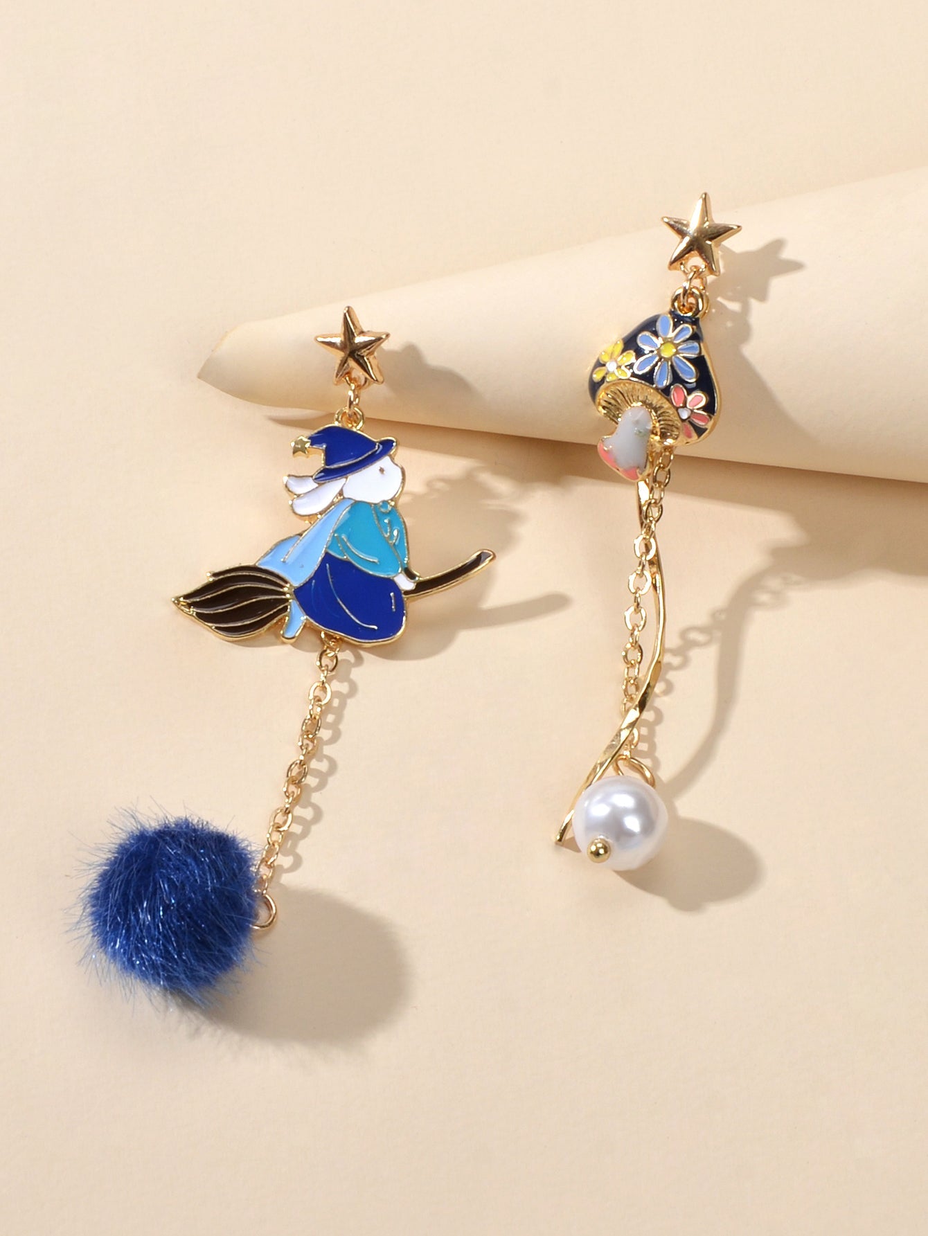 Cartoon Gold Star Colorful Rabbit Mushroom Asymmetric Pearl Blue Ball Earrings-3