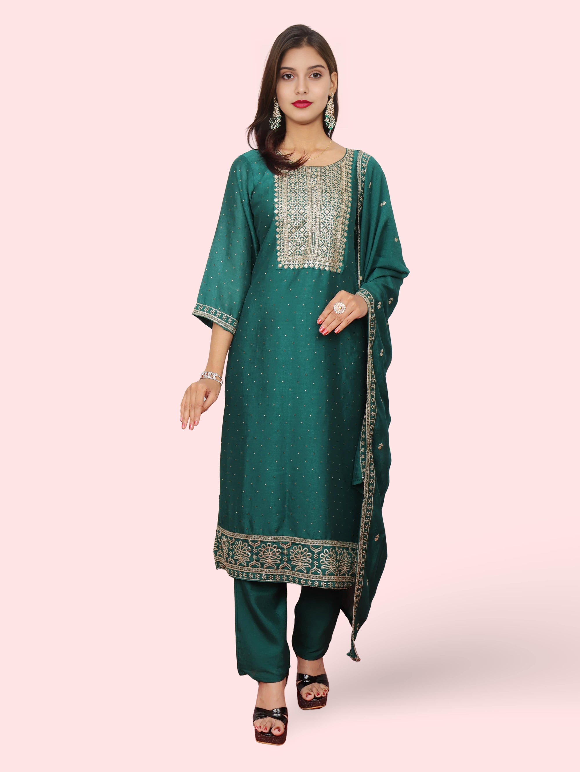Dark Green Embroidered Straight Suit Set-0