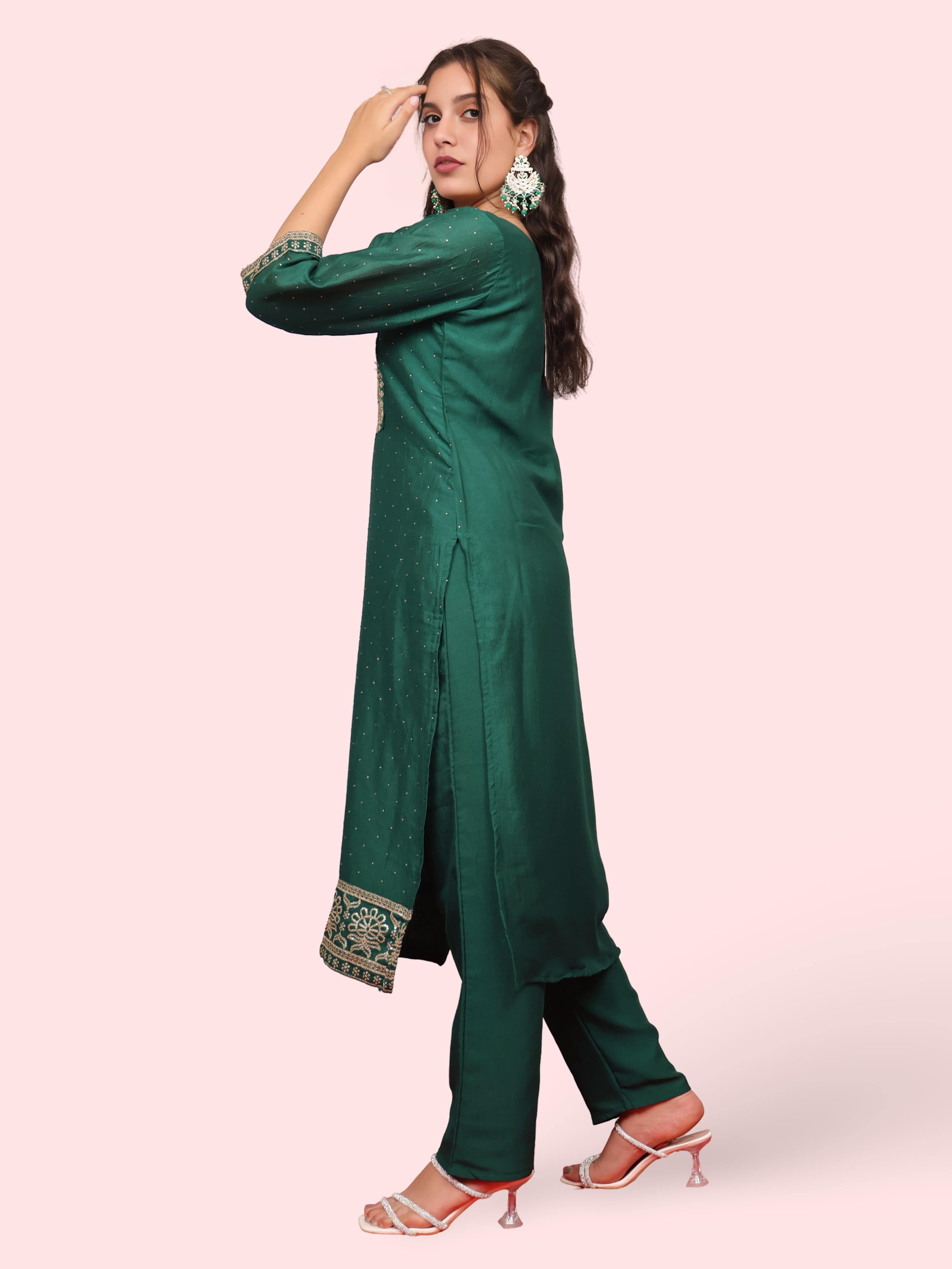 Dark Green Embroidered Straight Suit Set-1