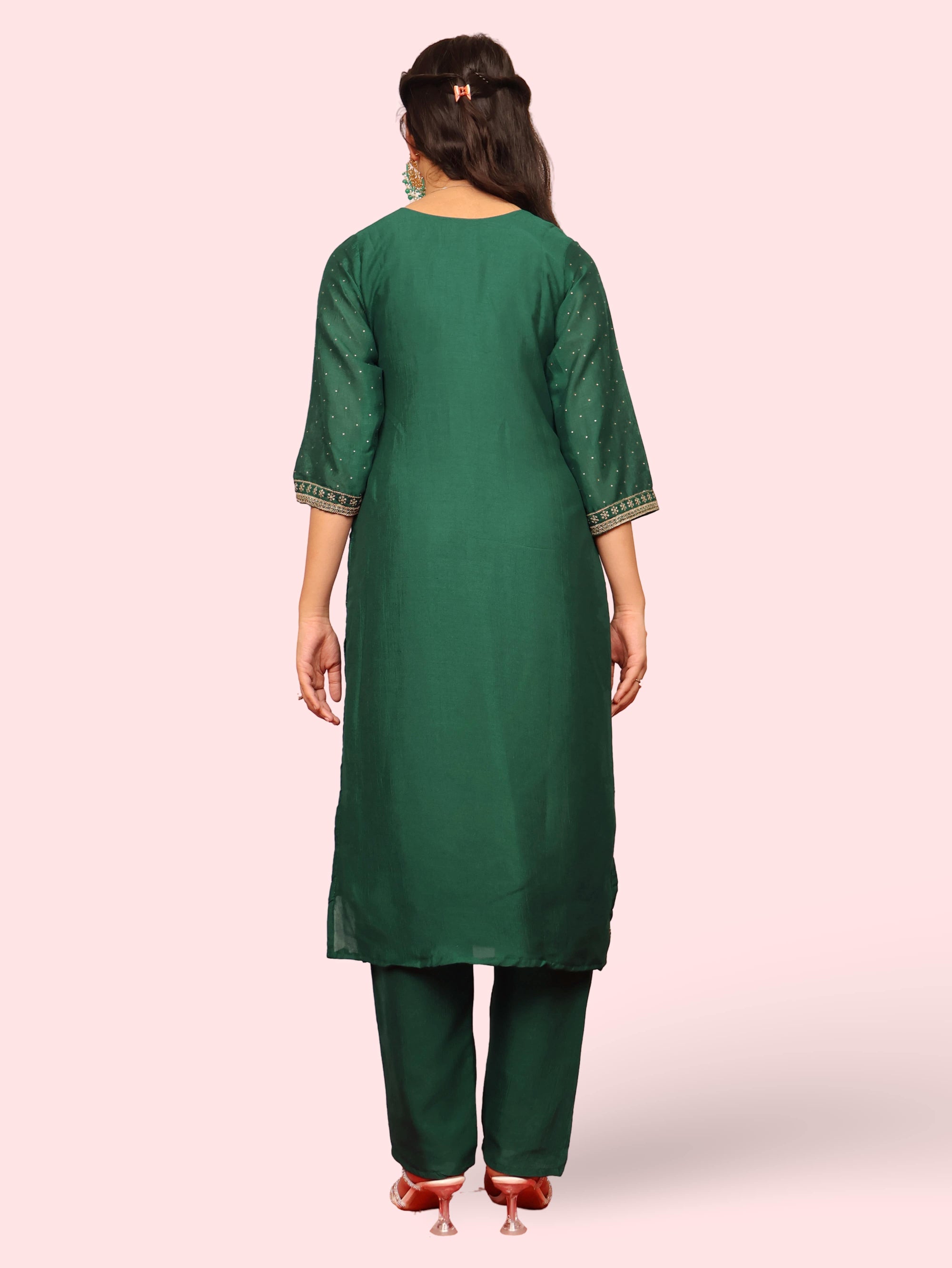 Dark Green Embroidered Straight Suit Set-2