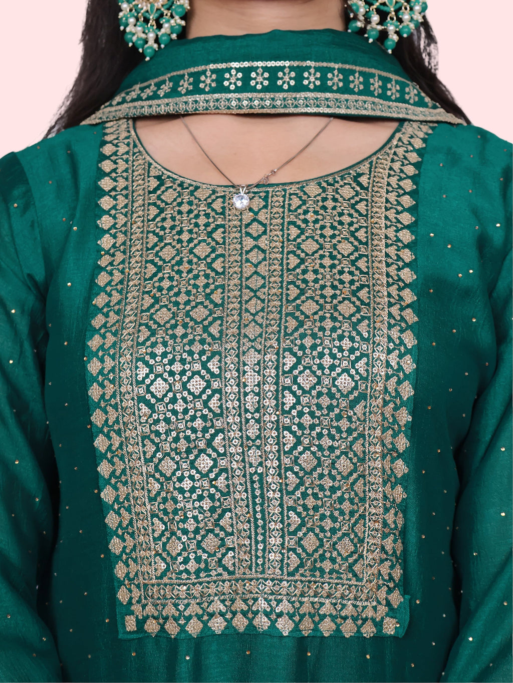 Dark Green Embroidered Straight Suit Set-3