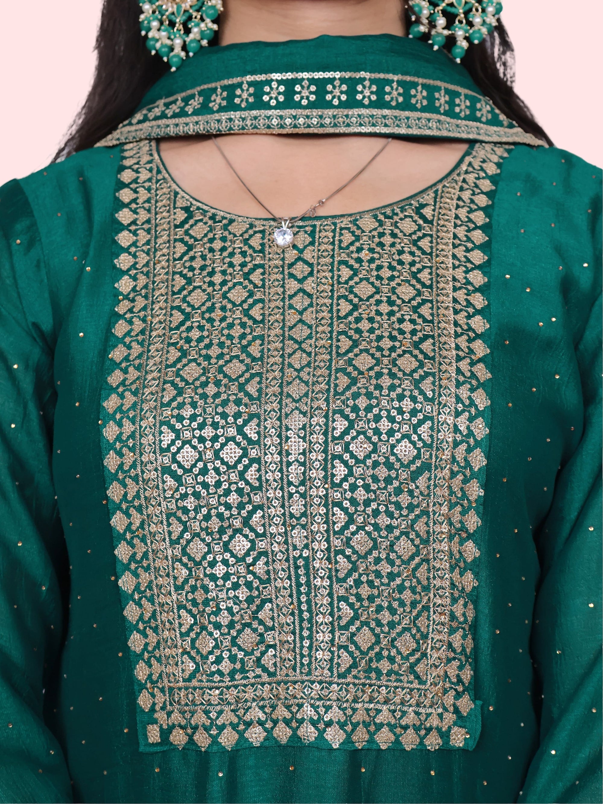 Dark Green Embroidered Straight Suit Set-3