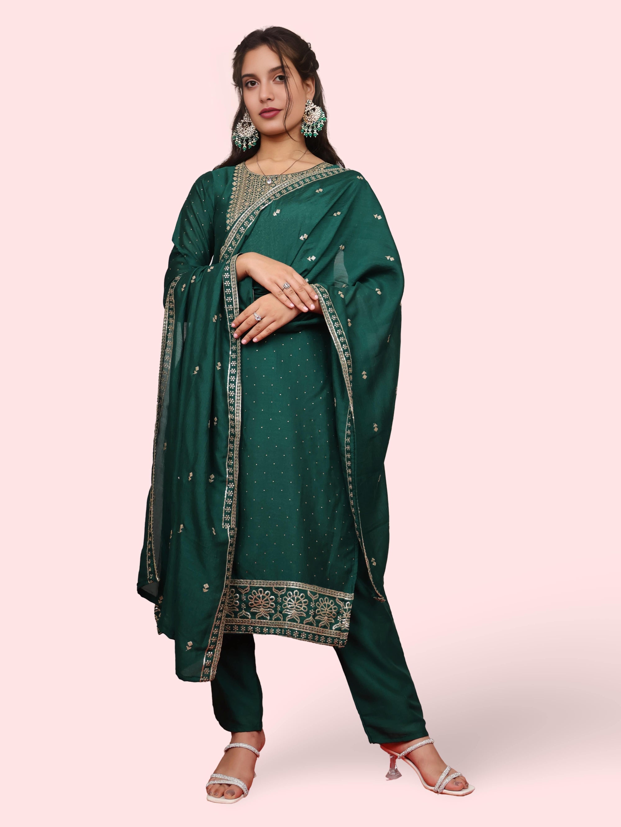 Dark Green Embroidered Straight Suit Set-4