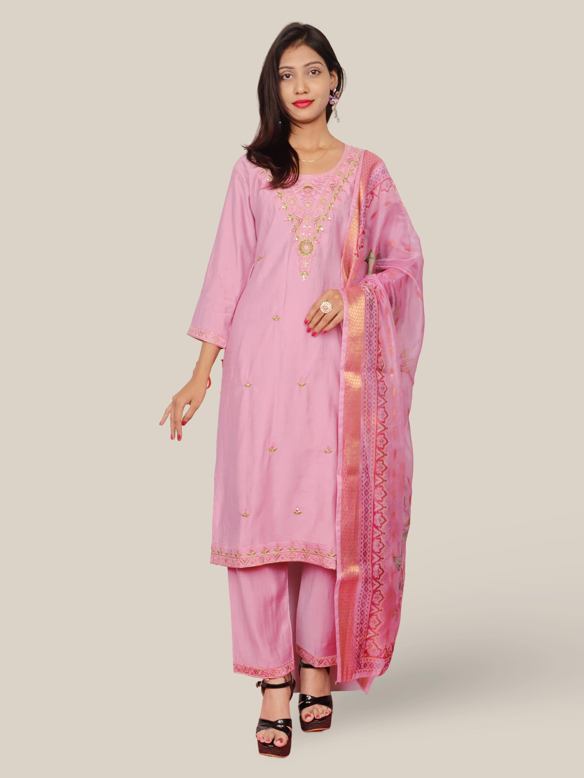 Vatican Silk Embroidered Straight Kurti with Pants and Dupatta-5