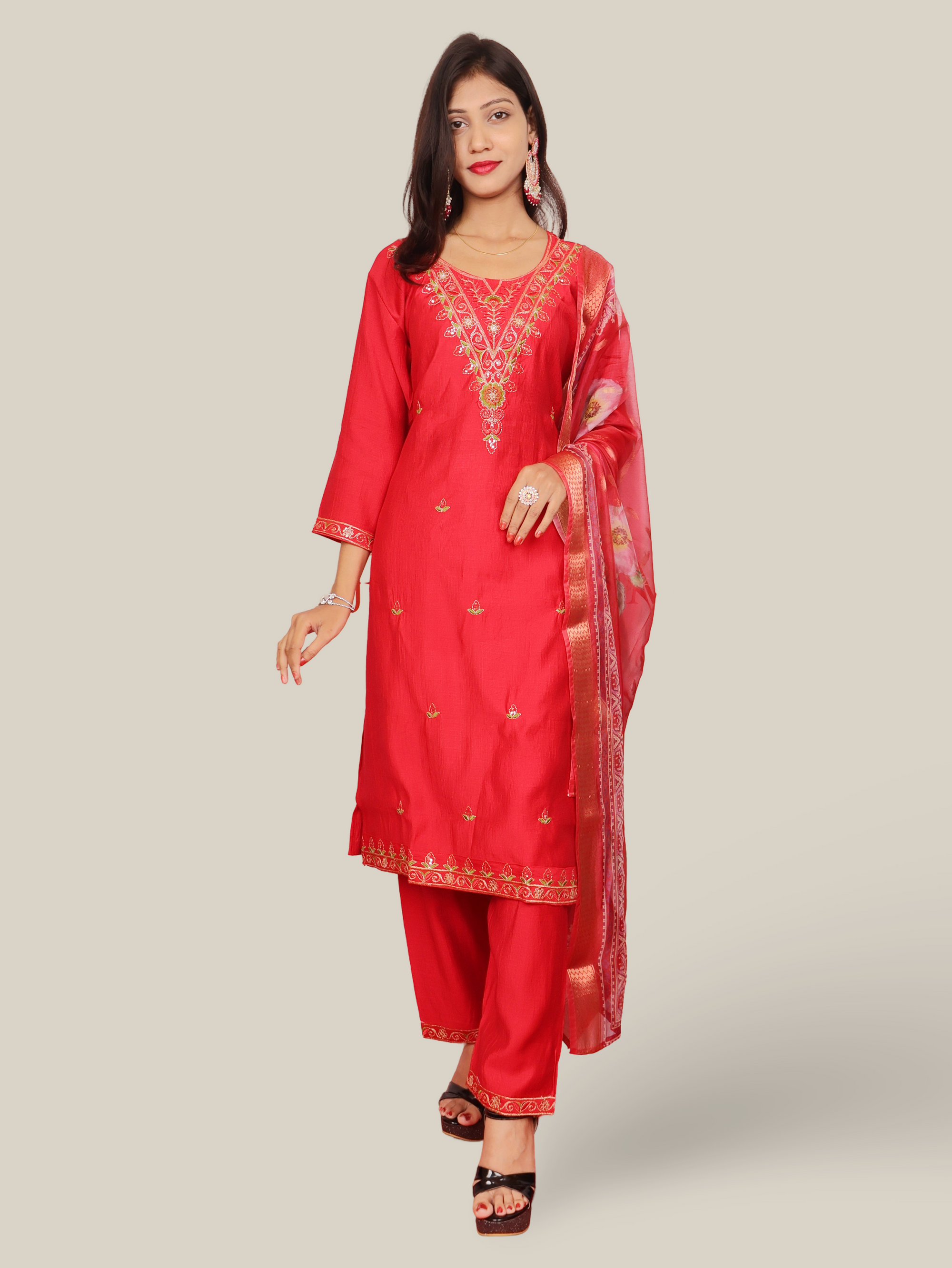 Vatican Silk Embroidered Straight Kurti with Pants and Dupatta-0