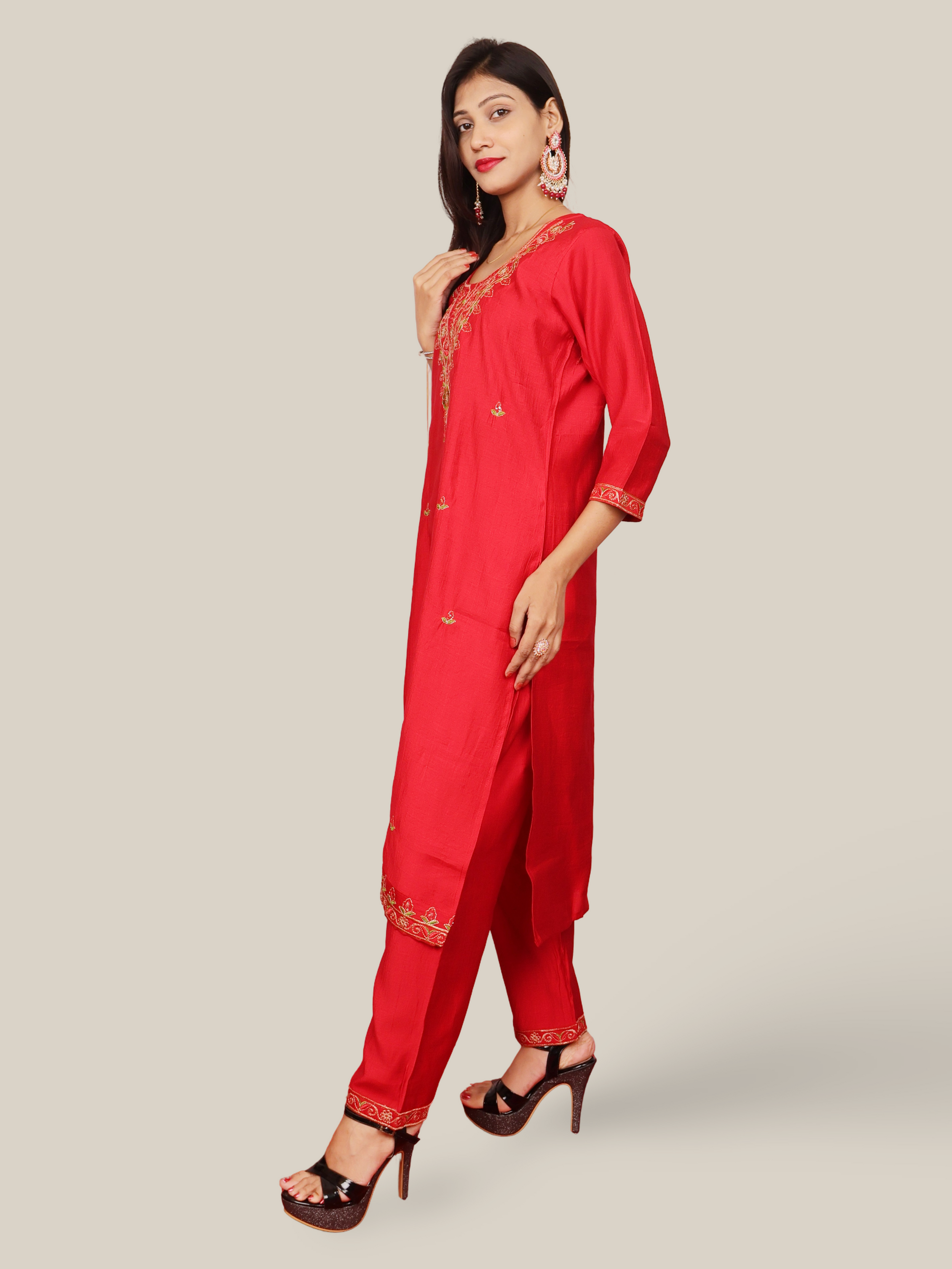 Vatican Silk Embroidered Straight Kurti with Pants and Dupatta-1