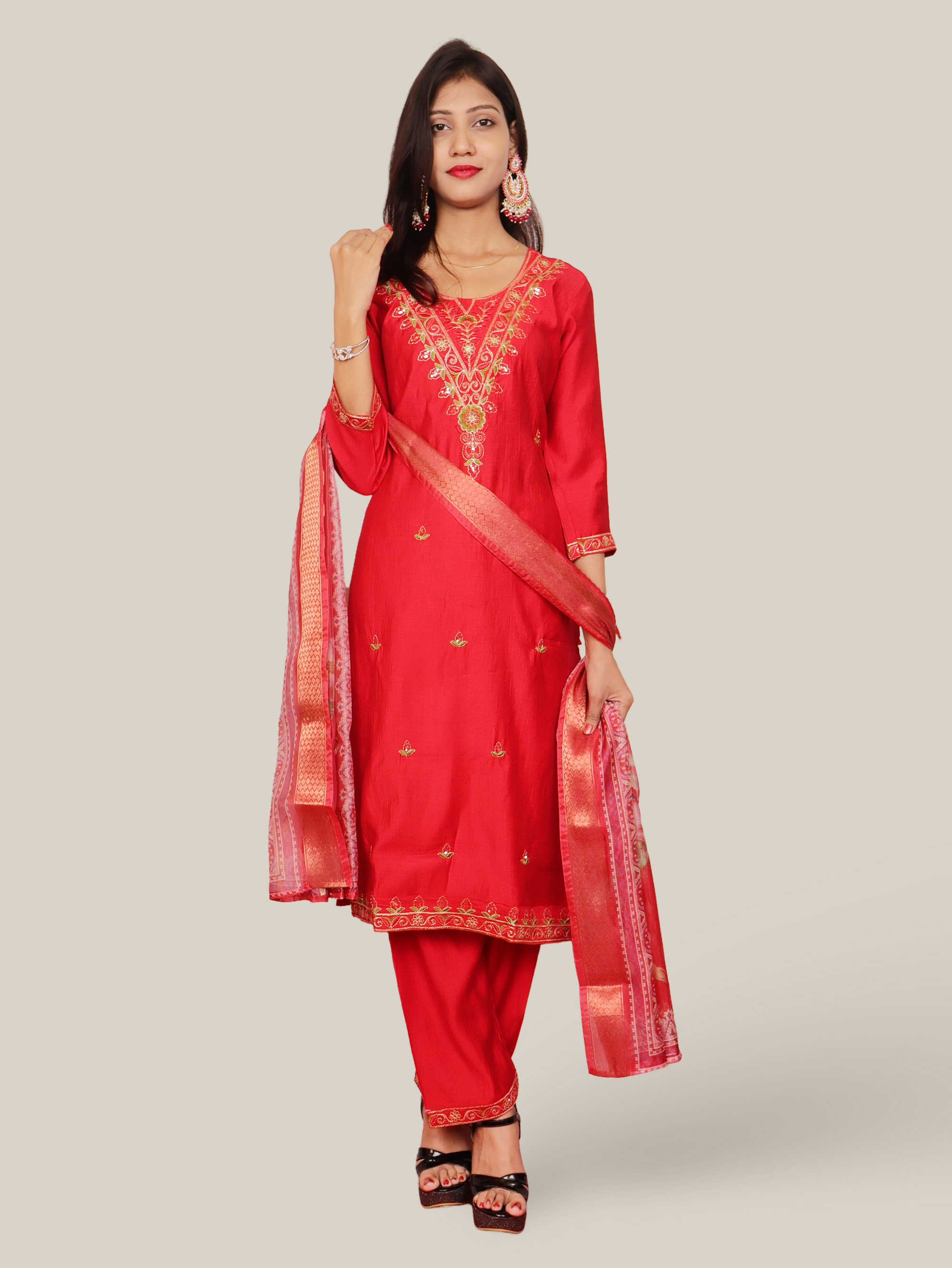 Vatican Silk Embroidered Straight Kurti with Pants and Dupatta-4
