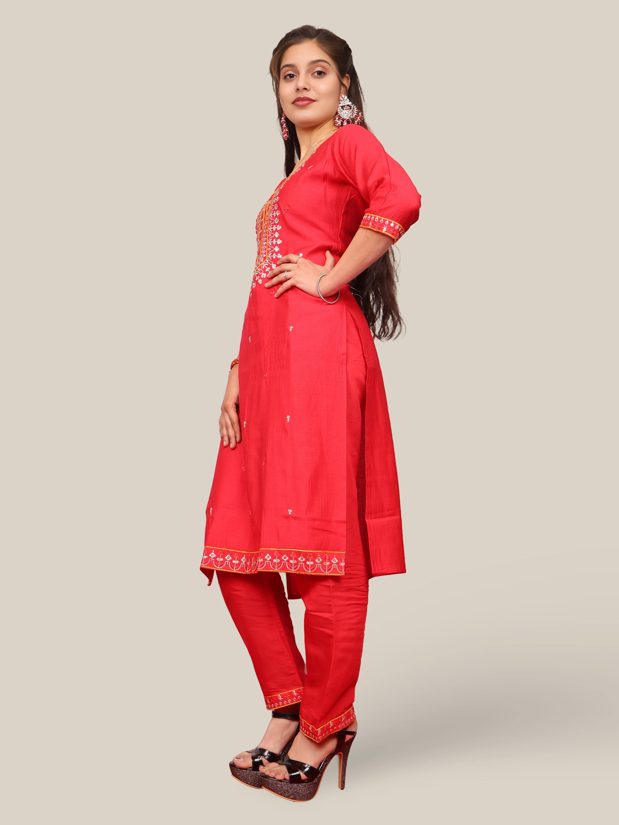 Rayon-Cotton Embroidered Straight Kurti Set with Pant and Dupatta-1