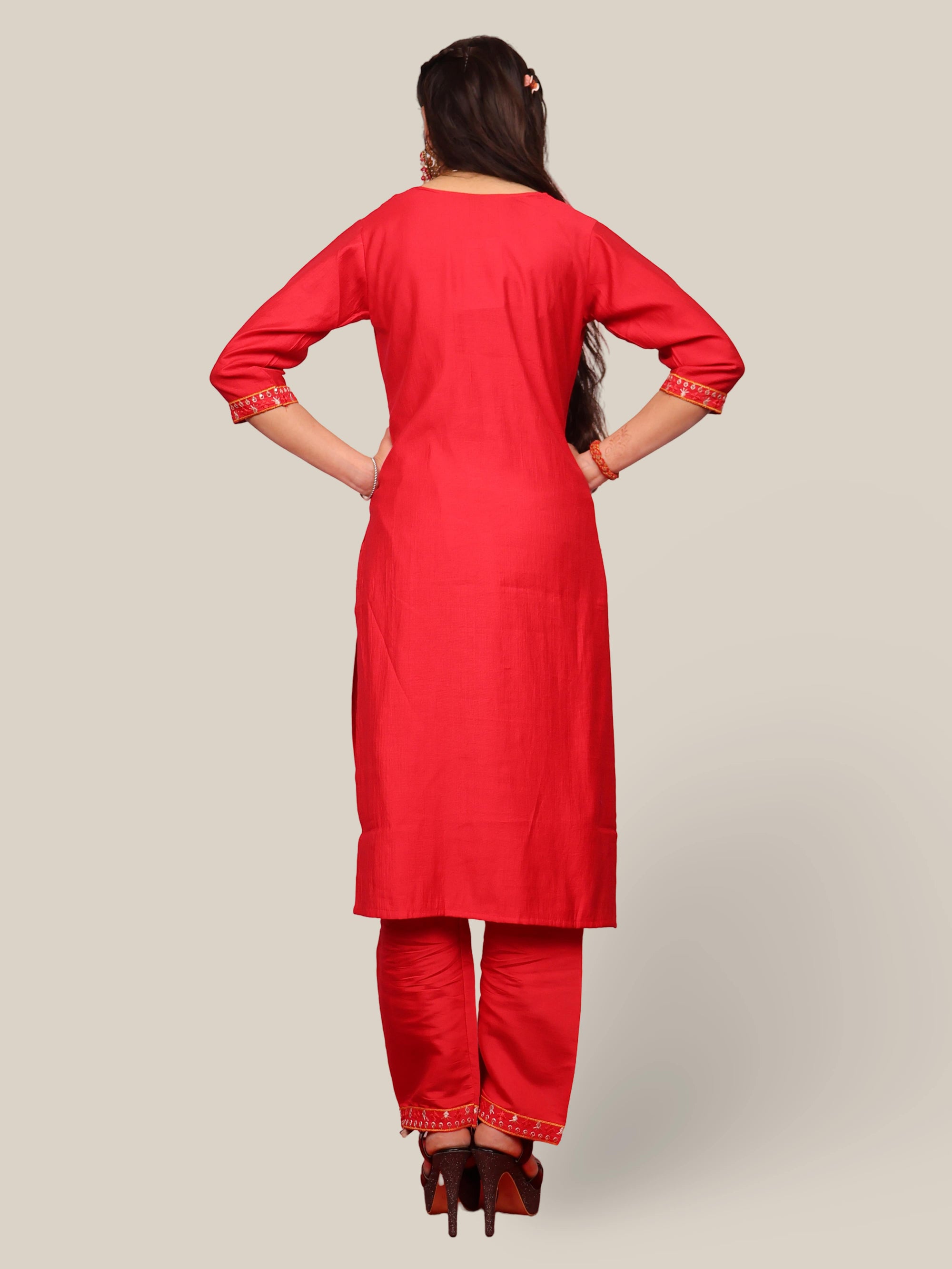 Rayon-Cotton Embroidered Straight Kurti Set with Pant and Dupatta-2