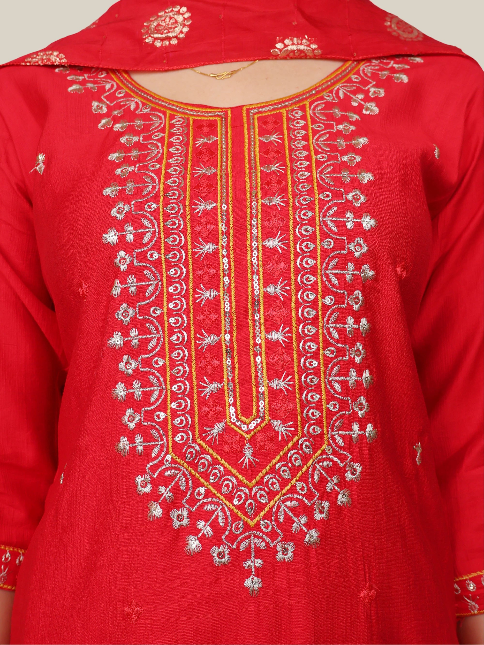 Rayon-Cotton Embroidered Straight Kurti Set with Pant and Dupatta-3