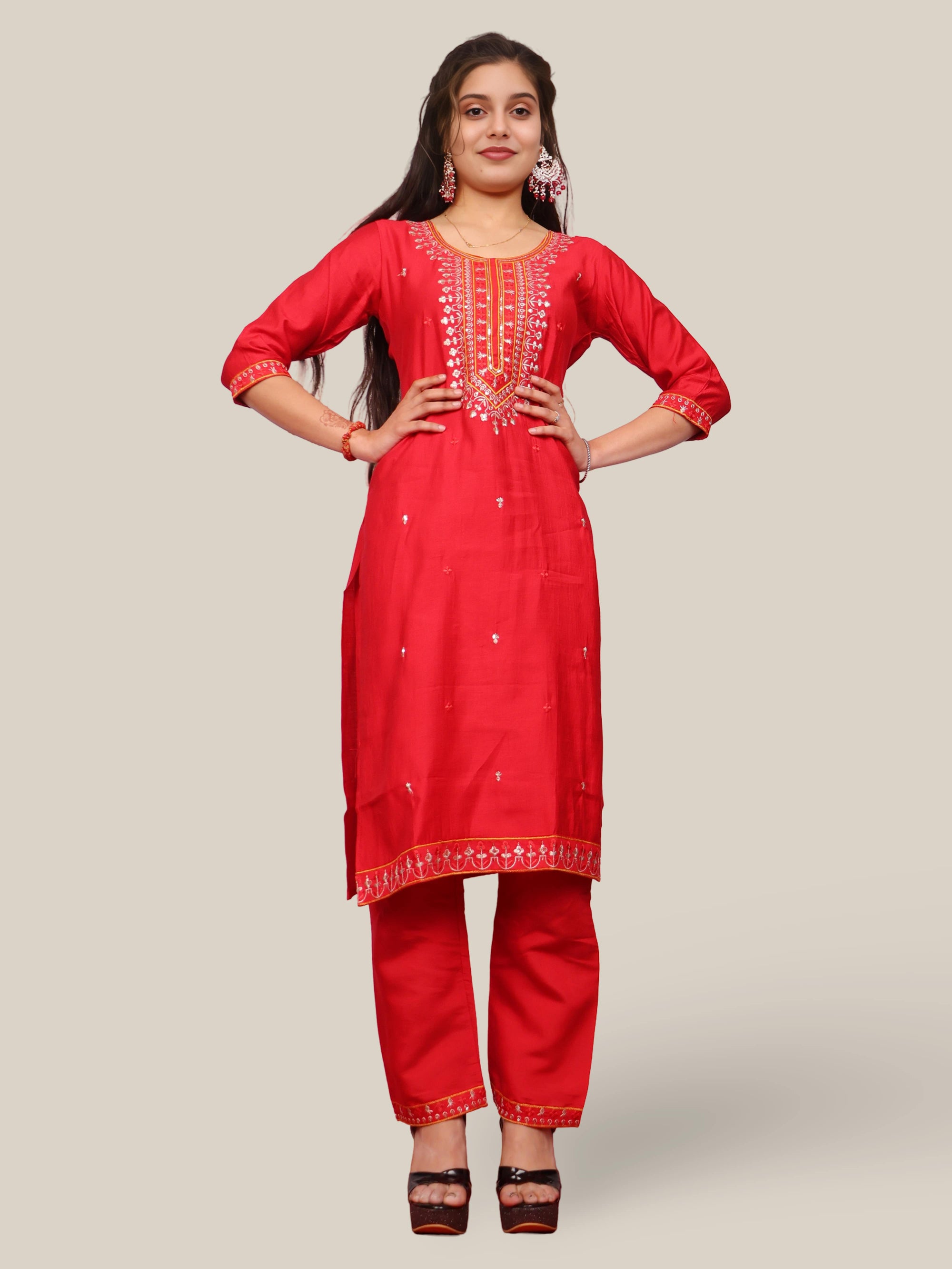 Rayon-Cotton Embroidered Straight Kurti Set with Pant and Dupatta-4